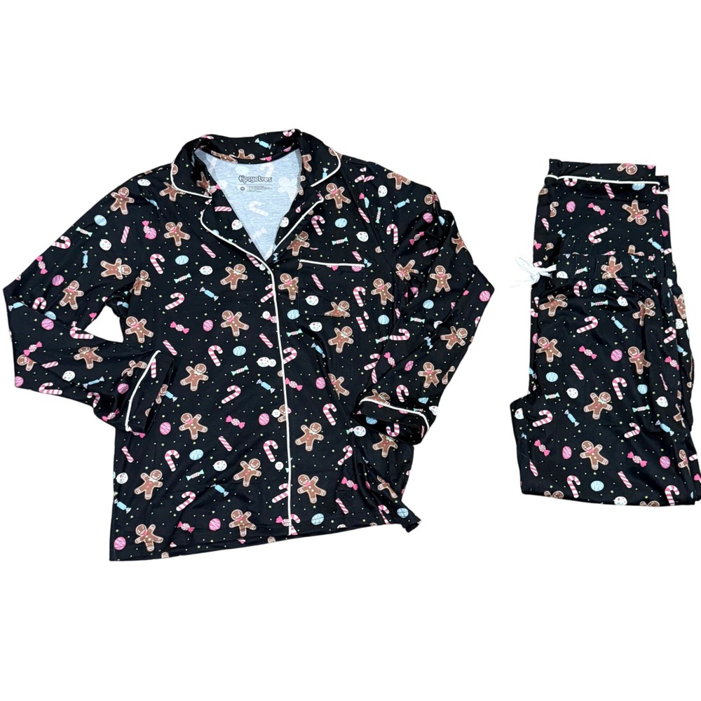 Tipsy Elves Black Gingerbread Candy Print Pajama Set Long‎ Sleeve Pants M